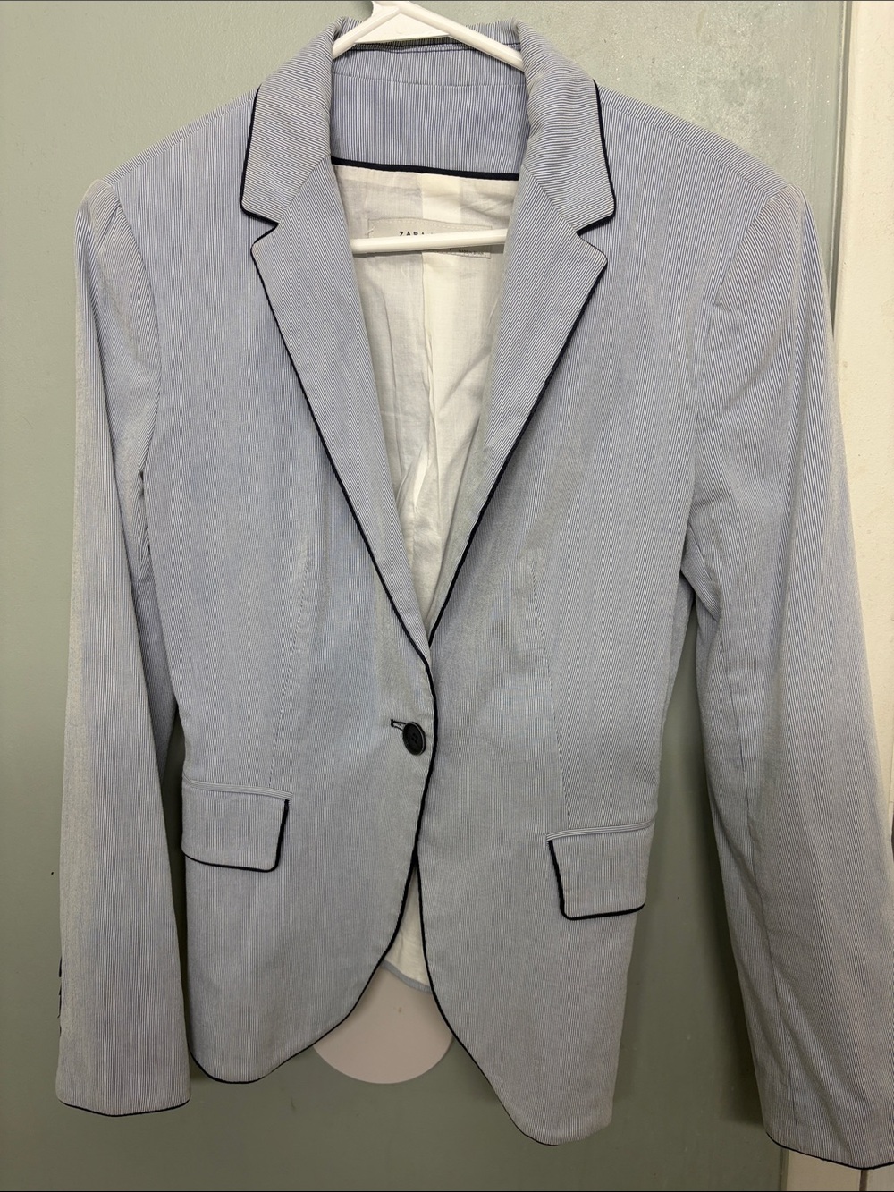Zara Blue Pinstripe Shirt Jacket with Navy Trim